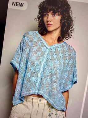 🩵Hello Gorgeous! POL CROCHET LACE Short Sleeve Top- Cornflower Blue